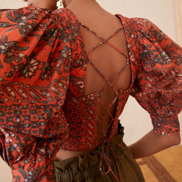 Ulla Johnson Anise Quilted Lace Up Back Crop Top in Clementine Size 2 Cotton - Picture 2 of 10